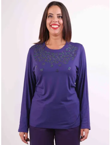 F.sca Mercuriali | T-shirt con ricamo maculato di strass viola e verde