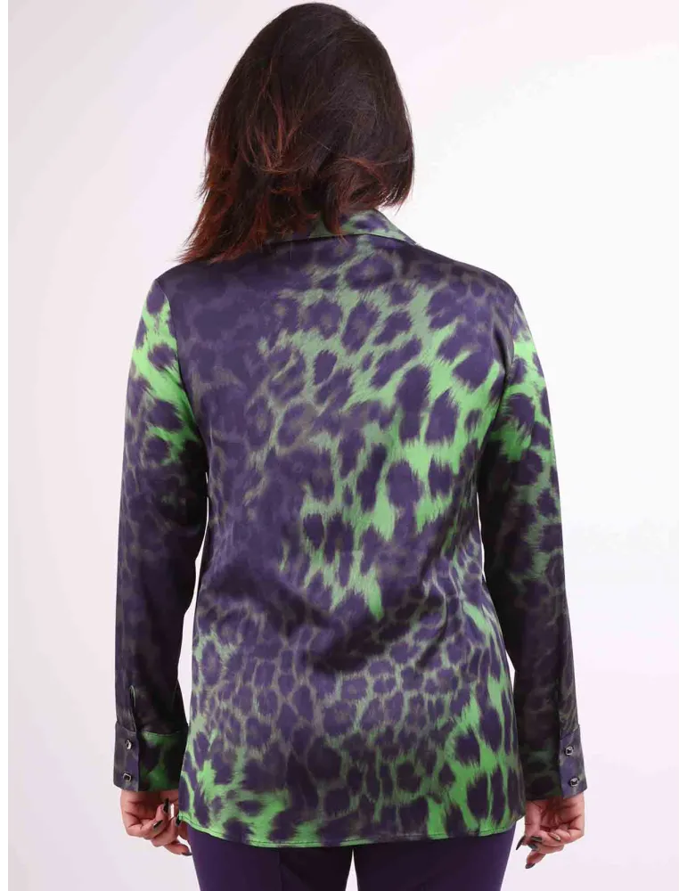 Mercuriali purple and green animal printed silk satin shirt
