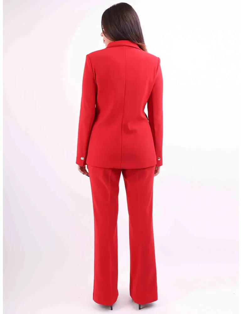 Red wool and silk formal jacket and flared trousers suit