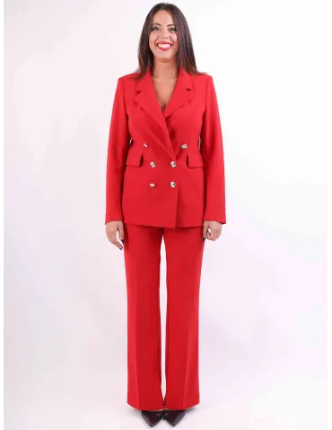 Red wool and silk formal jacket and flared trousers suit