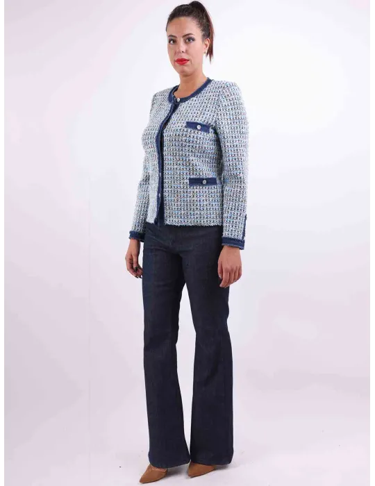 Aldo Colombo Italy | Denim blue formal tweed wool jacket Chanel style
