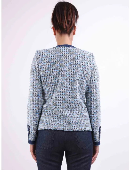 Aldo Colombo Italy | Denim blue formal tweed wool jacket Chanel style