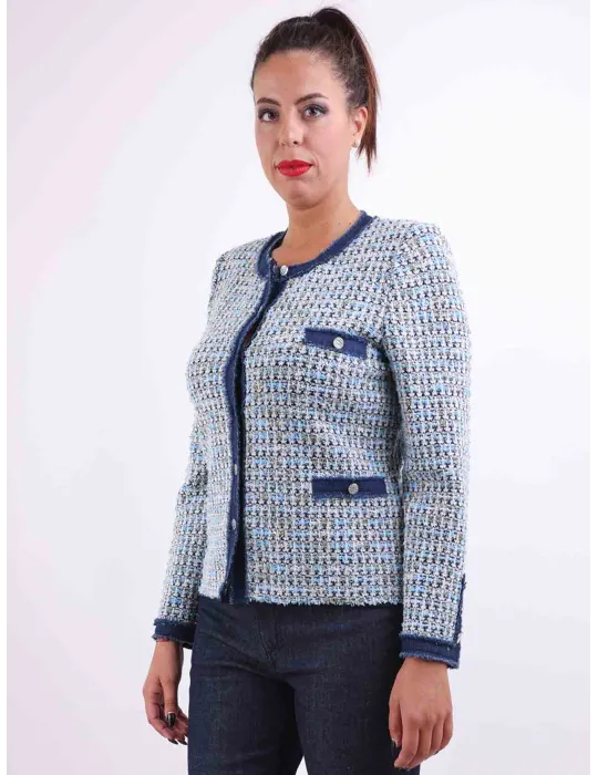 Aldo Colombo Italy | Denim blue formal tweed wool jacket Chanel style