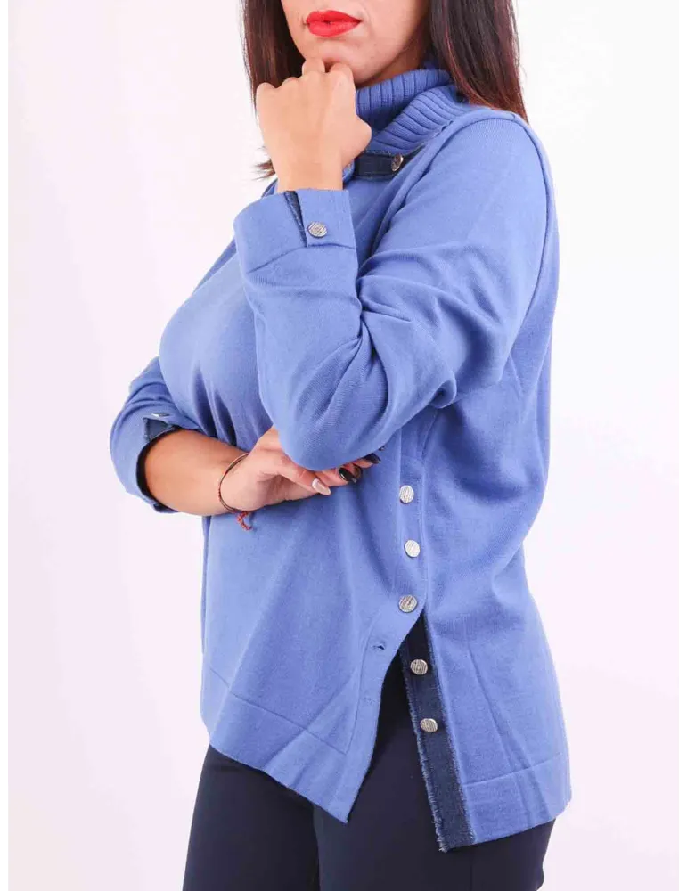 Aldo Colombo Plus size blue merino wool sweater with detached ring neck