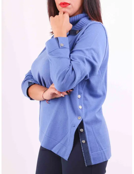 Aldo Colombo Plus size blue merino wool sweater with detached ring neck