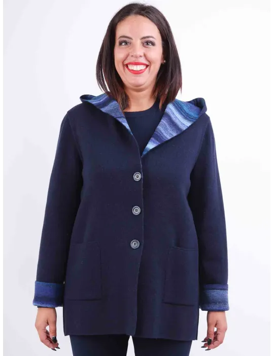Aldo Colombo Italy |  Plus size dark blue double wool hooded jacket Aldo Colombo Italy |  Plus size dark blue double wool hooded jacket