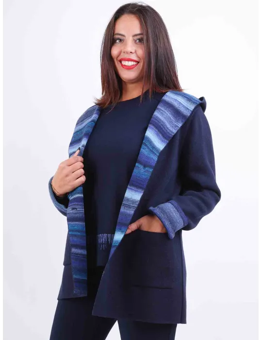Aldo Colombo Italy |  Plus size dark blue double wool hooded jacket