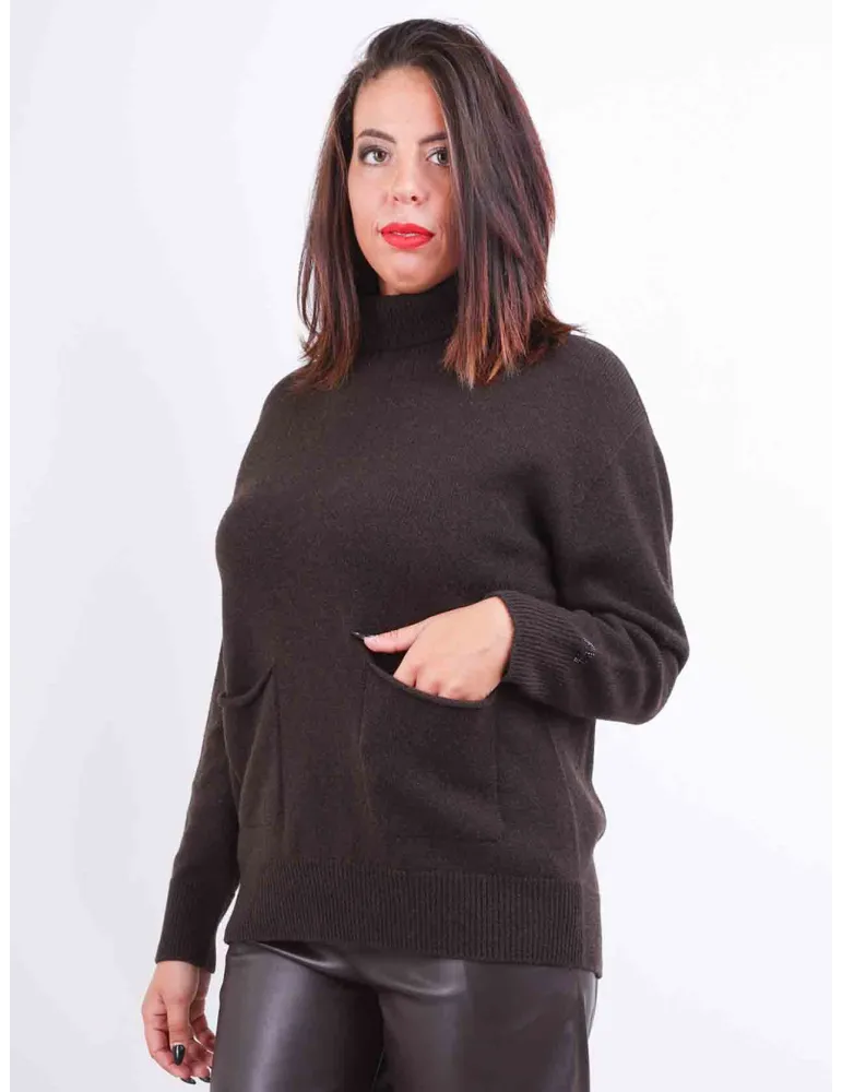 Frida Madè | Maglia poncho lana e alpaca marrone con paillettes oro