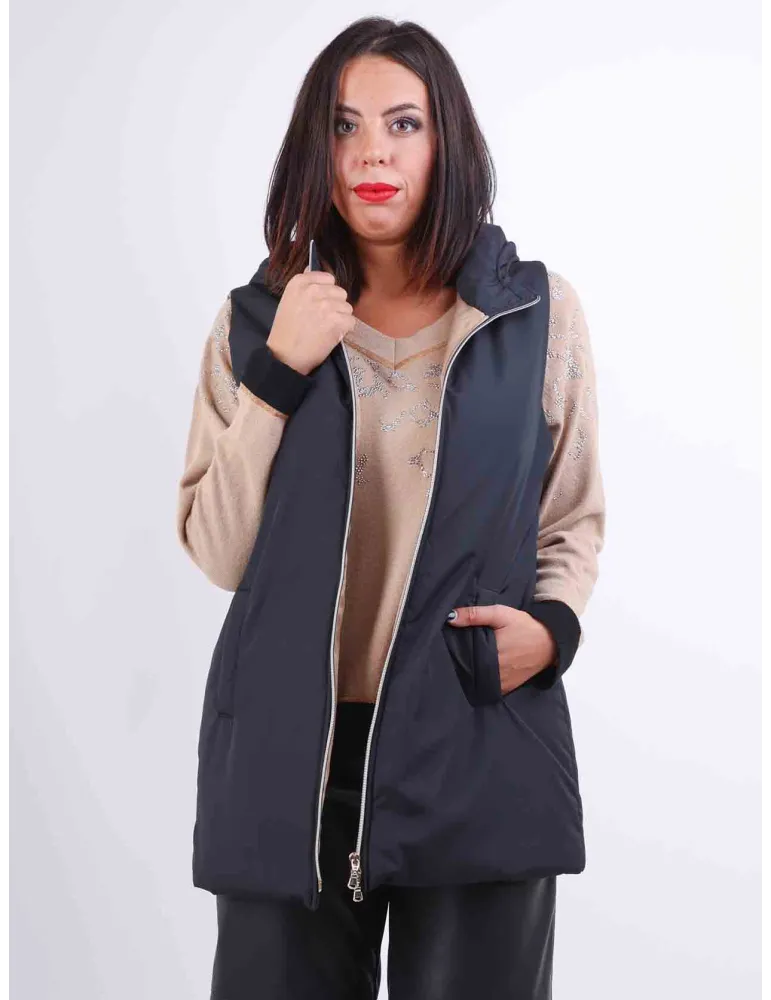 Black inner camel hooded long waistcoat padded jacket