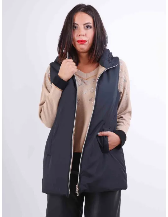 Plus size dark blue inner camel hooded waistcoat padded jacket Rubamori