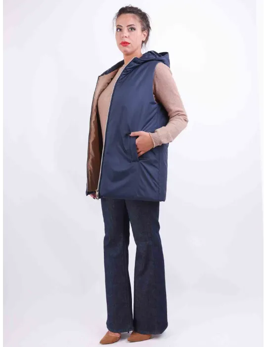 Gilet lungo col cappuccio piumino blu e beige fino alla 52 by Rubamori