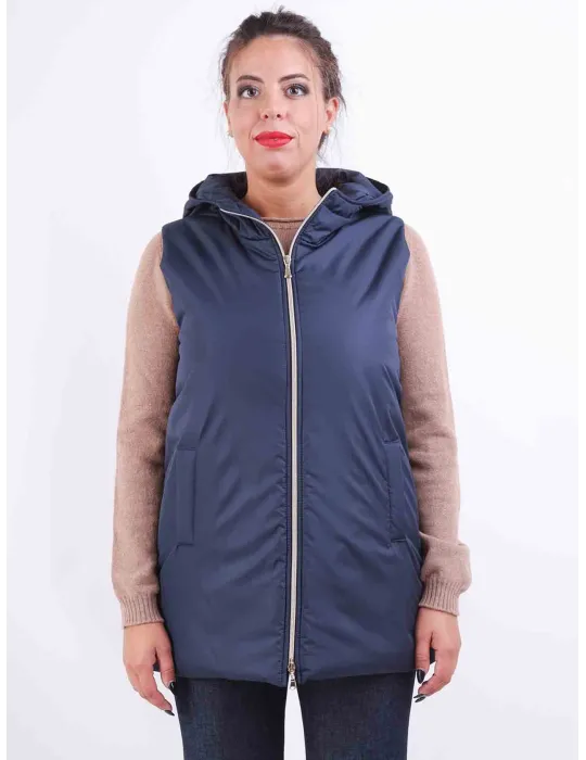 Gilet lungo col cappuccio piumino blu e beige fino alla 52 by Rubamori Gilet lungo col cappuccio piumino blu e beige fino alla 52 by Rubamori