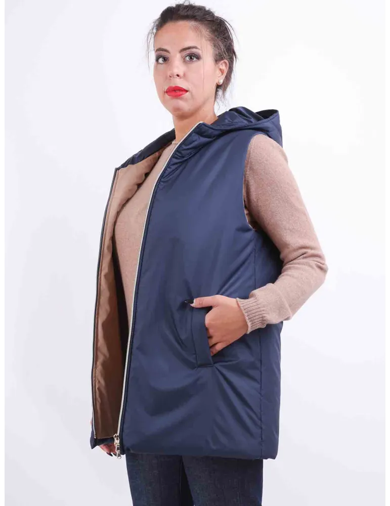 Gilet lungo col cappuccio piumino blu e beige fino alla 52 by Rubamori