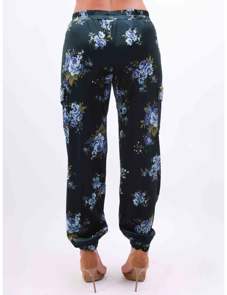 Rubamori Italy dark green and flowers velvet cargo trousers