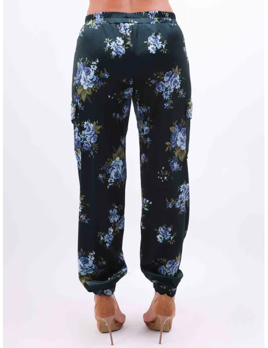 Rubamori Italy | Dark green flowers printed velvet cargo trousers