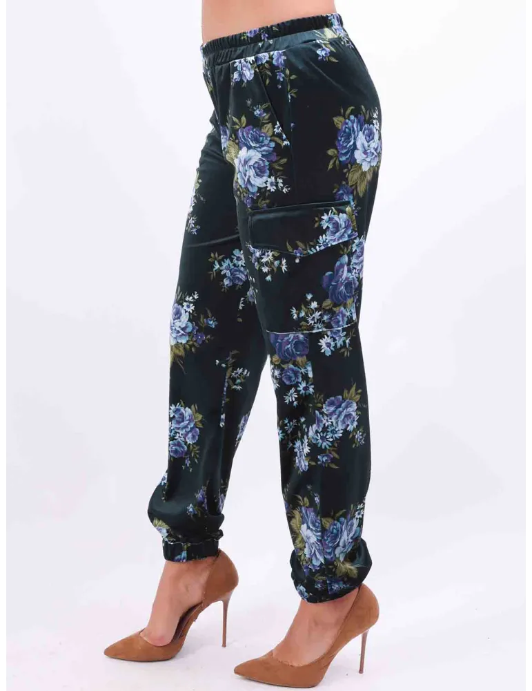 Rubamori Italy dark green and flowers velvet cargo trousers