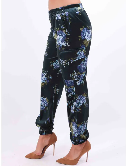 Rubamori Italy | Dark green flowers printed velvet cargo trousers