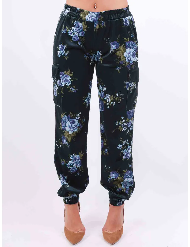 Rubamori Italy dark green and flowers velvet cargo trousers