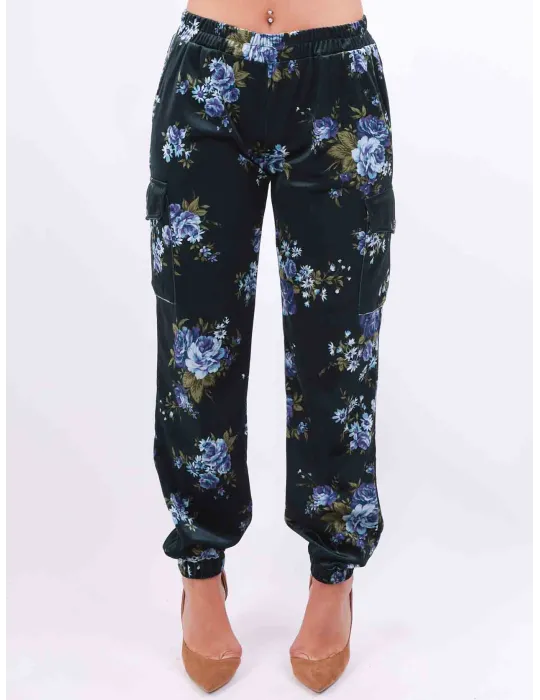 Rubamori Italy | Dark green flowers printed velvet cargo trousers Rubamori Italy | Dark green flowers printed velvet cargo trousers