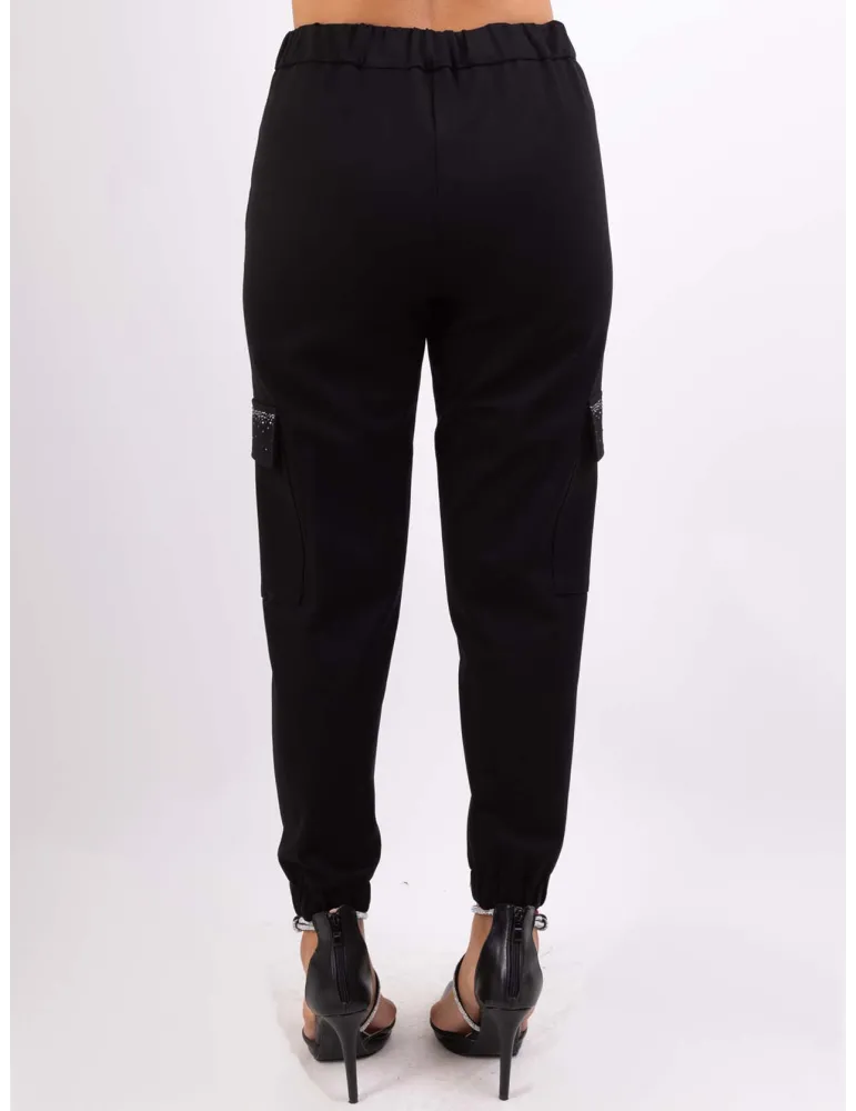 Black cargo trousers with rhinestones | Volpato Italian clothing