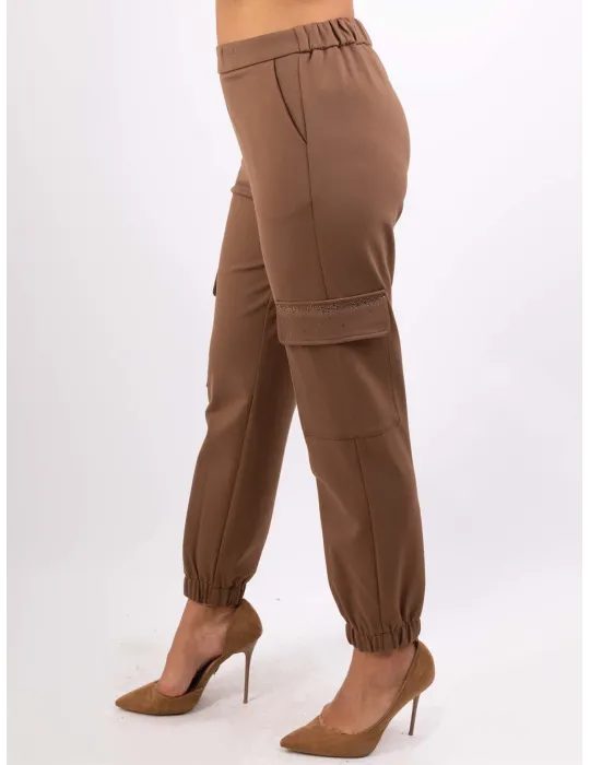 Camel brown cargo trousers with rhinestones | Volpato Italian clothing