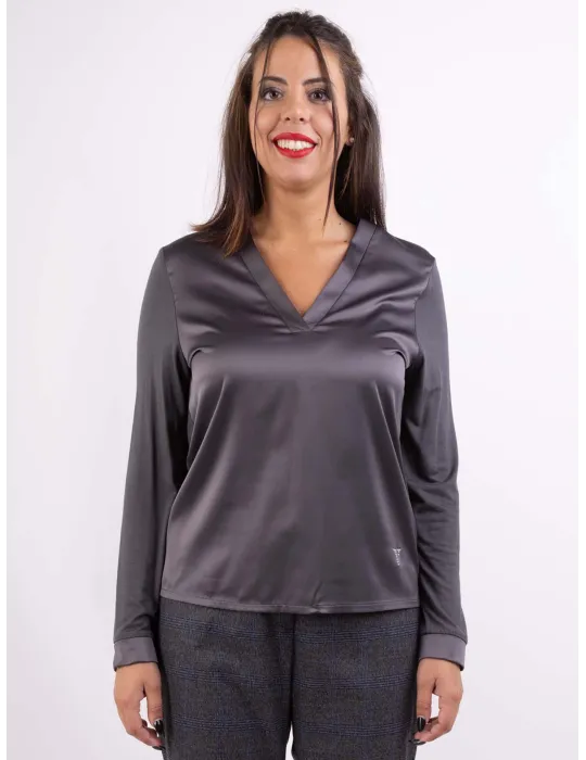 Volpato Italy | Plain grey front silk long sleeved t-shirt plus size Volpato Italy | Plain grey front silk long sleeved t-shirt plus size