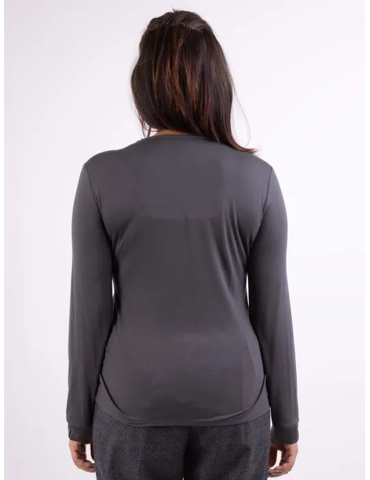 Volpato Italy | Plain grey front silk long sleeved t-shirt plus size