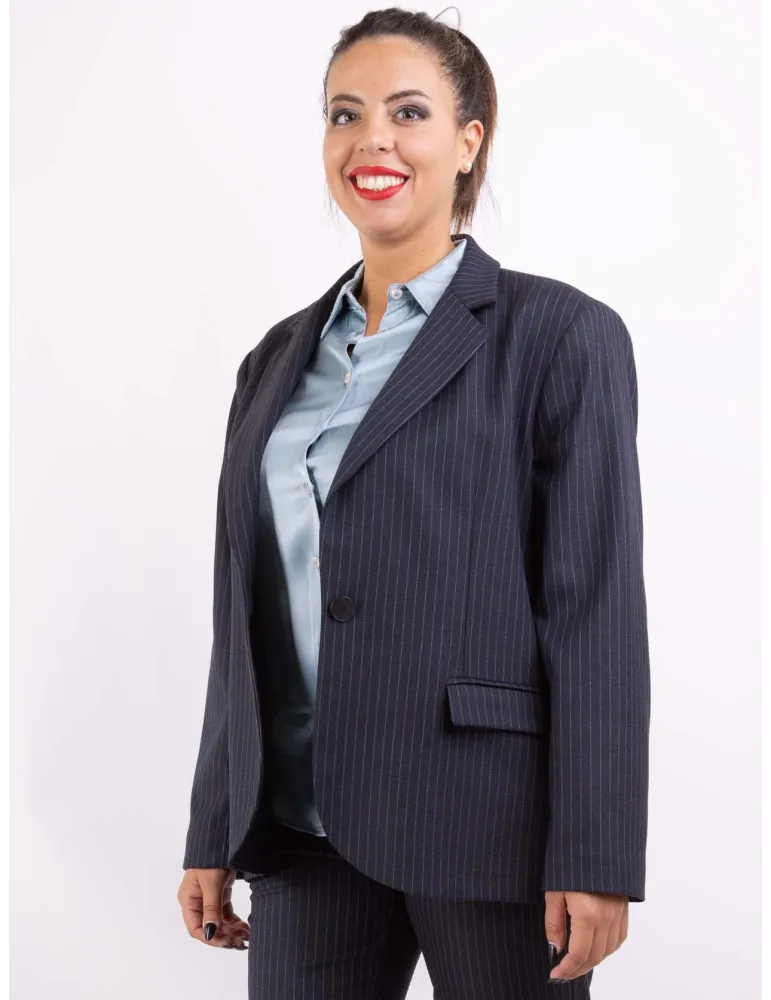 Volpato blue grey pink pinstriped suit jacket