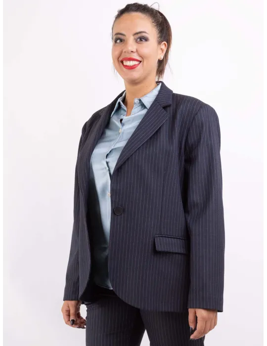 Giacca blazer del tailleur blu gessato rosa e celeste Volpato