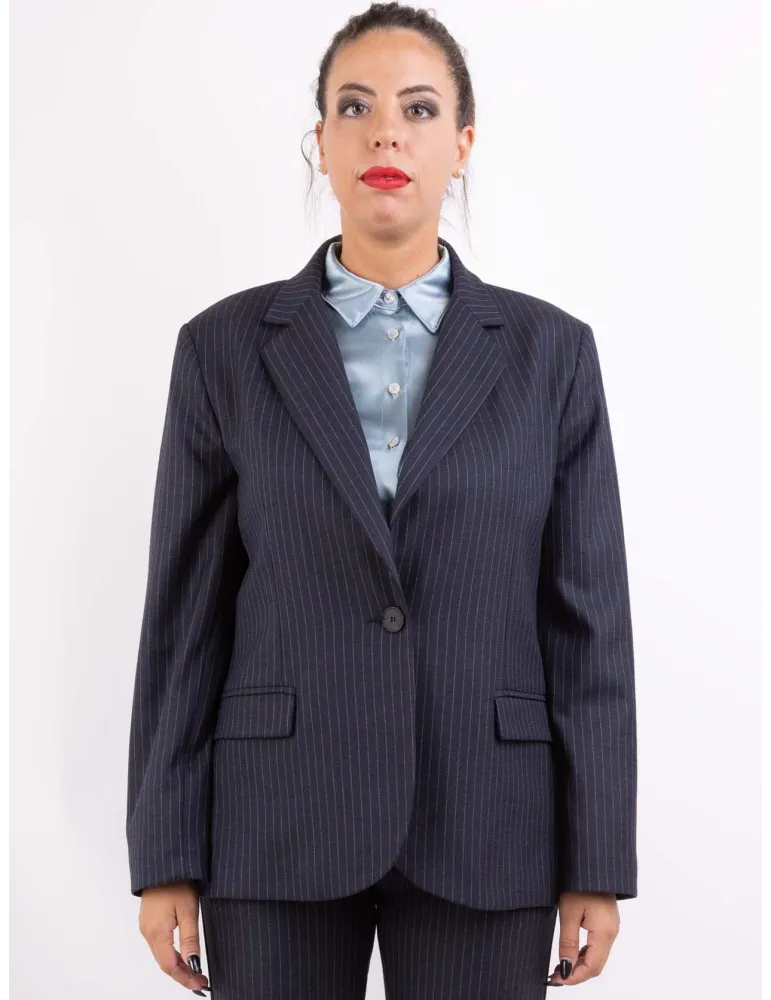 Giacca blazer del tailleur blu gessato rosa e celeste Volpato Giacca blazer del tailleur blu gessato rosa e celeste Volpato