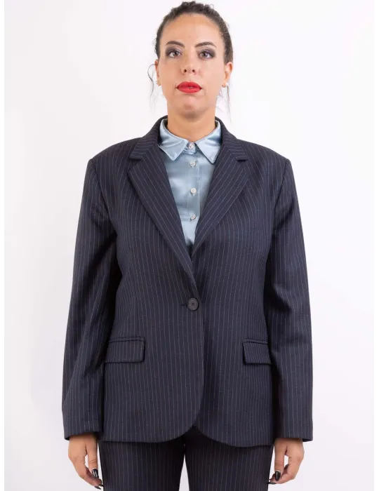 Giacca blazer del tailleur blu gessato rosa e celeste Volpato Giacca blazer del tailleur blu gessato rosa e celeste Volpato