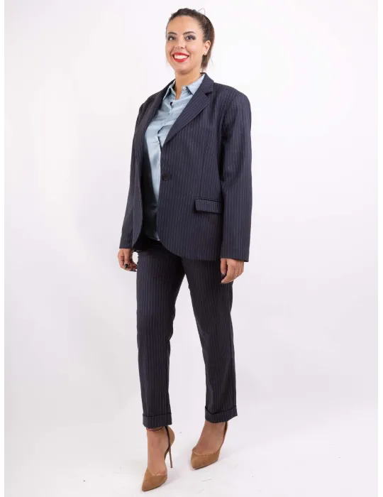 Giacca blazer del tailleur blu gessato rosa e celeste Volpato