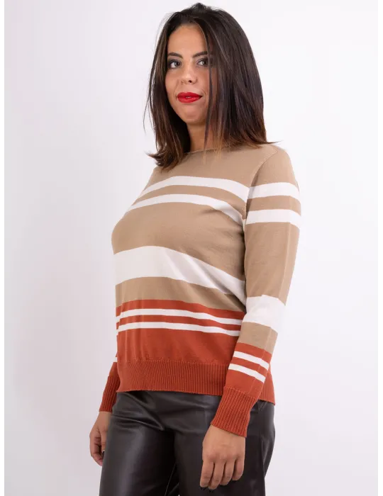 Maglia pura lana Gatto di Tollegno a fasce cammello e ruggine Riva Tricot