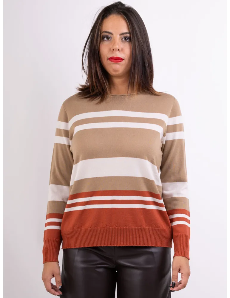 Riva Tricot camel striped merino wool round neck sweater Riva Tricot camel striped merino wool round neck sweater