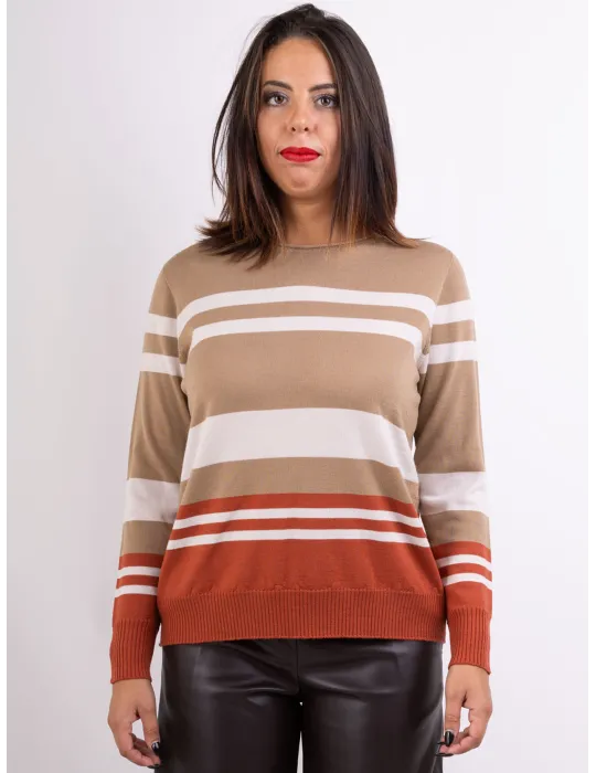 Maglia pura lana Gatto di Tollegno a fasce cammello e ruggine Riva Tricot Maglia pura lana Gatto di Tollegno a fasce cammello e ruggine Riva Tricot
