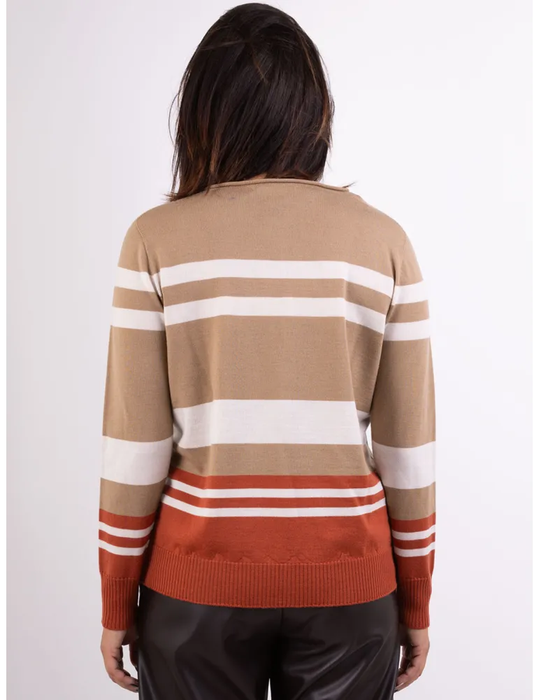 Riva Tricot camel striped merino wool round neck sweater