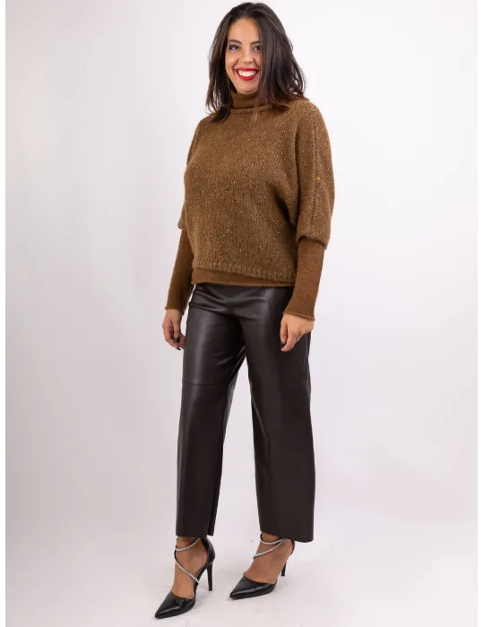 Melange brown golden sequin wool kimono sweater