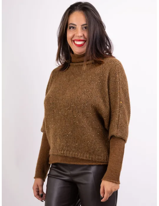 Melange brown golden sequin wool kimono sweater