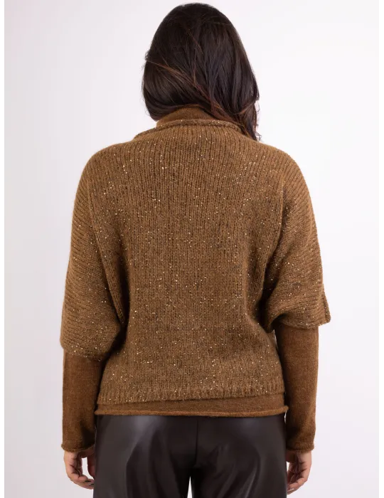 Melange brown golden sequin wool kimono sweater
