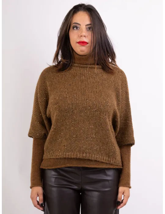 Melange brown golden sequin wool kimono sweater Melange brown golden sequin wool kimono sweater