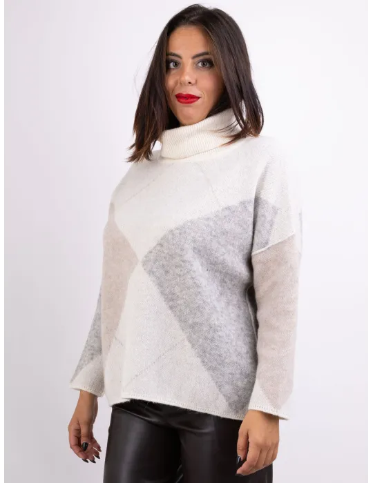 Grey and beige merino and alpaca turtleneck thick sweater