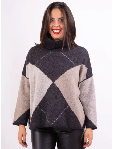 Black and beige jacquard merino alpaca turtleneck sweater