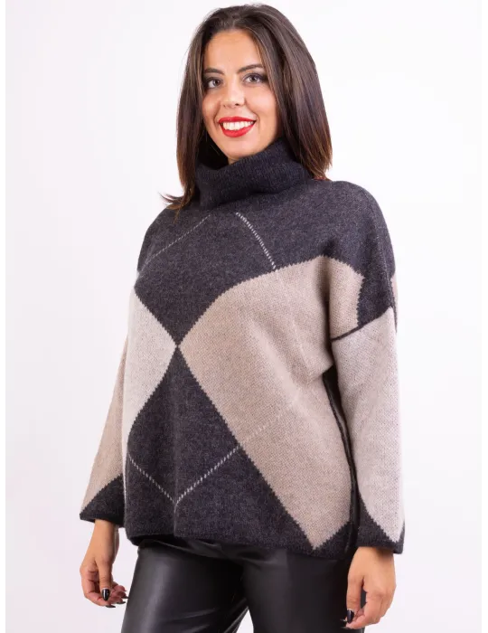 Frida Madè Italian Knitwear | Black jacquard wools turtleneck sweater
