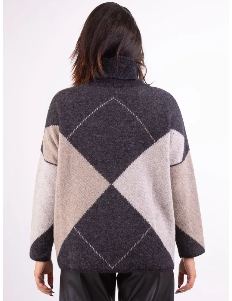 Frida Madè Italian Knitwear | Black jacquard wools turtleneck sweater