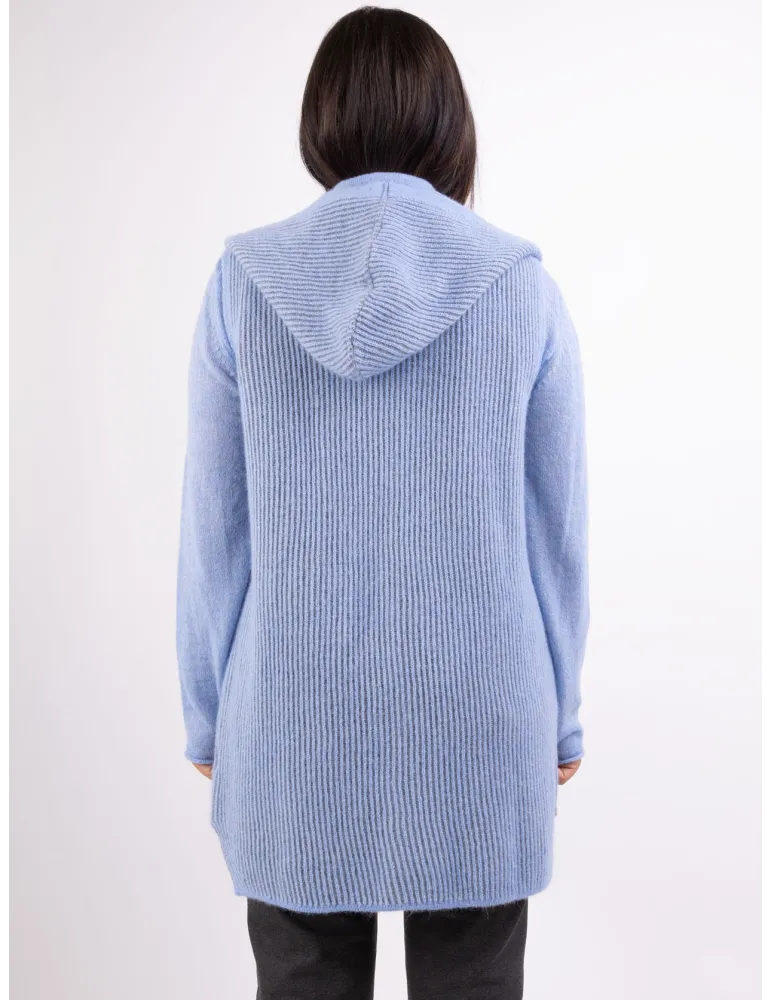 Frida Madè Knitwear | Light blue long hooded alpaca wool waistcoat
