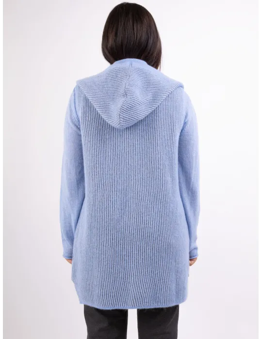Gilet lungo col cappuccio in lana alpaca celeste e grigio Frida Madè