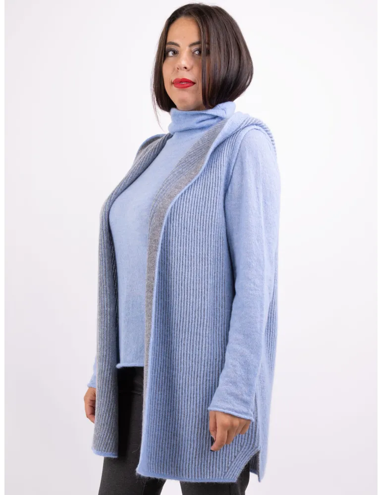 Frida Madè Knitwear | Light blue long hooded alpaca wool waistcoat