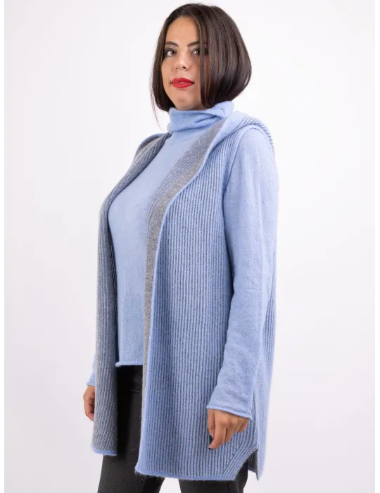 Gilet lungo col cappuccio in lana alpaca celeste e grigio Frida Madè