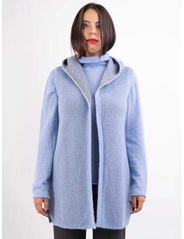 Gilet lungo col cappuccio in lana alpaca celeste e grigio Frida Madè