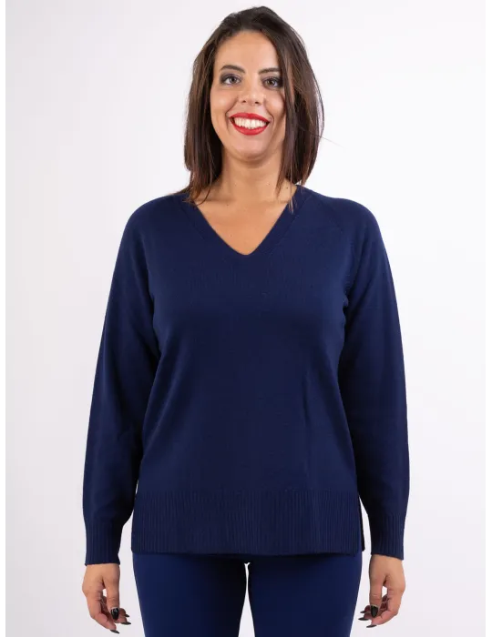 Frida Madè maglieria | Maglione lungo a V blu scuro pura lana merino Frida Madè maglieria | Maglione lungo a V blu scuro pura lana merino